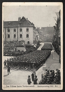 1935 'The Fuhrer Marching Past the 1935 Reich Party Rally' Nuremberg Rallies Reich Party Day (Reichsparteitag) Nazi Propaganda Postcard