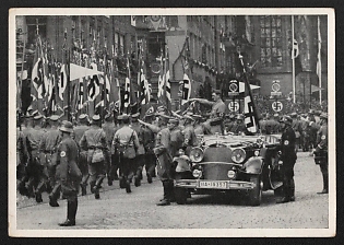 1933-1945 'The Sa, SS, and NSKK March Past the Fuhrer at Adolf Hitler Square, Nuremberg Reich Party Rally' Nuremberg Rallies Reich Party Day (Reichsparteitag) Nazi Propaganda Postcard