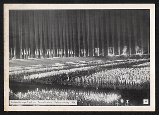 1936 'Official Roll Call! On the Zeppelin Meadow. 1936 Reich Party Rally' Nuremberg Rallies Reich Party Day (Reichsparteitag) Nazi Propaganda Postcard
