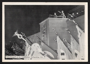 1936 'Official Roll Call on the Zeppelin Meadow. 1936 Reich Party Rally' Nuremberg Rallies Reich Party Day (Reichsparteitag) Nazi Propaganda Postcard
