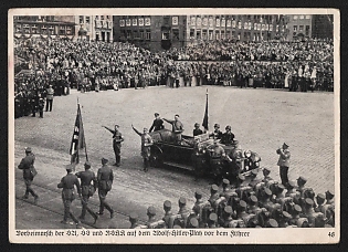 1933-1945 'March-Past of the Sa, SS, and NSKK on Adolf Hitler Square in Front of the Fuhrer' Nuremberg Rallies Reich Party Day (Reichsparteitag) Nazi Propaganda Postcard