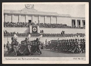 1937 'March Past of the Reich Labor Service' Nuremberg Rallies Reich Party Day (Reichsparteitag) Nazi Propaganda Postcard