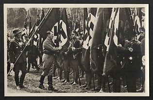1933 'Reich Party Rally in Nuremberg 1933. The Fuhrer Consecrates the New Storm Flag' Nuremberg Rallies Reich Party Day (Reichsparteitag) Nazi Propaganda Postcard