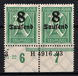 1923 8Tsd on 30pf Weimar Republic, Germany, Pair (Sheet Inscription)