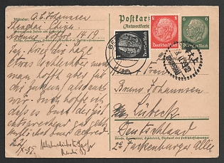 1939 China, Postal Stationery Postcard from Shanghai via Berlin to Lubeck (Germany) franked with 1pf, 8pf