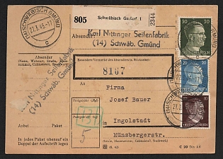 1945 (27 Mar) Third Reich, Germany, Postal Stationery Postcard from Schwabisch Gmund to Ingolstadt franked with 10pf, 20pf, 30pf