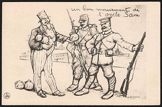 1914-1918 France, Anti-United States Propaganda, 'A Good Move from Uncle Sam', WWI Caricature Postcard