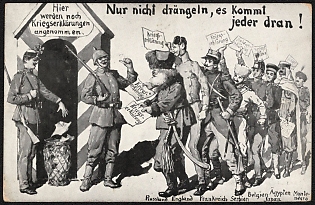 1914-1918 Germany, Anti-Antanta Propaganda, 'Don't Push, Everyone Gets a Turn!', WWI Caricature Postcard