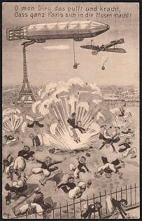 1914-1918 Germany, Anti-Antanta Propaganda, 'O Mon Dieu, it's So Loud and Crashing That all of Paris is Shitting its Pants!', WWI Caricature Postcard