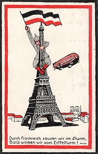1914-1918 Germany, Anti-Antanta Propaganda, 'We're Speeding Through France in a Storm, Soon We'll be Waving from the Eiffel Tower!', WWI Caricature Postcard