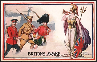 1914-1918 Great Britain, Pro-Military Propaganda, 'Britons Awake', WWI Caricature Postcard