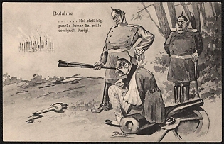1914-1918 Italy, Anti-Germany Propaganda, 'Boheme in the Gray Skies I Watch Paris Smoke from a Thousand Chimneys', WWI Caricature Postcard