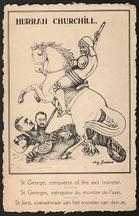 1939-1945 Belgium, Anti-Germany (anti-Nazi) Propaganda, 'Hurrah Churchill. St George, Conqueror of the Axis Monster. St George, Conqueror of the Monster of the Ashes', WWII Caricature Postcard