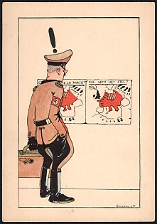 1939-1945 France, Anti-Germany (Anti-Nazi) Propaganda, 'Wie Wimt Het Spel', WWII Caricature Postcard