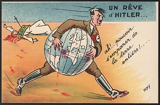 1939-1945 France, Anti-Germany (Anti-Nazi) Propaganda, 'A Dream of Hitler ah… to be Able to Take over the Entire Earth!', WWII Caricature Postcard
