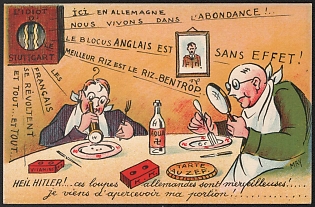 1939-1945 France, Anti-Germany (Anti-Nazi) Propaganda, 'Heil Hitler! These German Magnifying Glasses are Wonderful. I Just Saw My Portion!', WWII Caricature Postcard