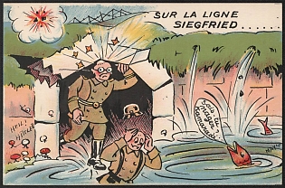 1939-1945 France, Anti-Germany (Anti-Nazi) Propaganda, 'On the Siegfried Line', WWII Caricature Postcard