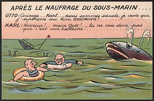 1939-1945 France, Anti-Germany (Anti-Nazi) Propaganda, 'After the Sinking of the Submarine', WWII Caricature Postcard