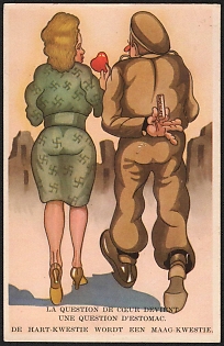 1939-1945 France, Anti-Germany (Anti-Nazi) Propaganda, 'The Question of the Heart Becomes a Question of the Stomach. The Heart Issue Becomes a Stomach Issue', WWII Caricature Postcard
