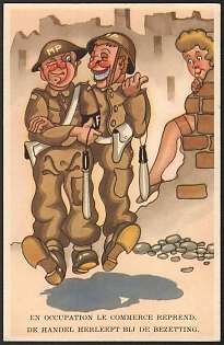 1939-1945 France, Anti-Germany (Anti-Nazi) Propaganda, 'In Occupation Trade Resumes. By Handel Herleeft Bij by Bezetting', WWII Caricature Postcard