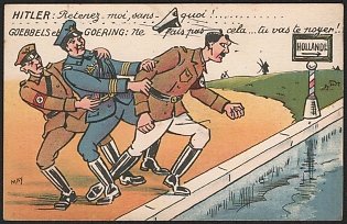 1939-1945 France, Anti-Germany (Anti-Nazi) Propaganda, 'Hitler Hold Me Back, Otherwise!', WWII Caricature Postcard