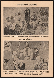 1939-1945 Germany, German Emabassy in Lisbon, Anti-Allies (Anti-Soviet Russia) Propaganda, 'Cultural Exchange. The Archbishop of Canterbury Has Been on a Mission for Weeks', WWII Caricature Postcard