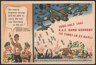 1939-1945 Portugal, Anti-Germany (Anti-Nazi) Propaganda, 'No Enemy However Strong Will be Able to Carry the War into Germany in the Air', WWII Caricature Postcard