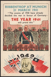 1939-1945 Portugal, Anti-Germany (Anti-Nazi) Propaganda, 'Ribbentrop at Munich 21 March 1941 The Events of 1940 Have Already Decided the War in Favor of Germany', WWII Caricature Postcard