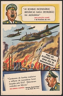1939-1945 Portugal, Anti-Germany (Anti-Nazi) Propaganda, 'British Incendiary Bombs Will Destroy Nothing in Germany', WWII Caricature Postcard
