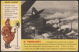 1939-1945 Portugal, Anti-Germany (Anti-Nazi) Propaganda, 'German Radio the R.A.F. is Forced to Drop Bombs from More than 30,000 Feet in Height Due to the Effectiveness', WWII Caricature Postcard