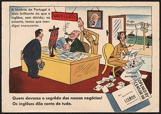 1939-1945 Portugal, Anti-Great Britain Propaganda, 'Who Uncovers the Secret of Our Affairs! The English Can Handle Everything', WWII Caricature Postcard