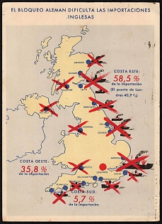 1939-1945 Spain, Anti-Germany (Pro-Britain) Propaganda, 'The German Blockade Makes English Imports Difficult', WWII Caricature Postcard