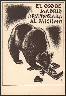 1939-1945 Spain, Anti-Germany (Pro-Russia) Propaganda, 'The Bear of Madrid Will Destroy Fascism', WWII Caricature Postcard