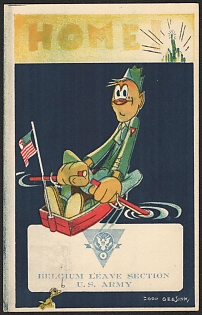 United States, Pro-Military Propaganda, 'Belgium Leave Section U.S. Army', Post War Caricature Postcard
