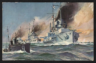 1914-1918 Germany ''Nassau' Class Ships of the Line in Combat' World War I Propaganda Postcard