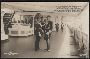 1914-1918 Germany 'Opening Ceremony of the Steam Ferry between Sabnitz and Trelleborg. Kaiser Wilhelm and King Gustaf Adolf of Sweden on S. M. Y. Kohenzollern' World War I Propaganda Postcard