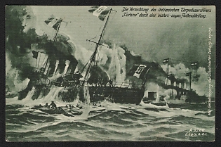 1914-1918 Germany 'The Destruction of the Italian Torpedo Destroyer 'Turbine' by An Austrian-Hungarian Fleet Division' World War I Propaganda Postcard