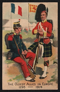 1914 Great Britain 'The Oldest Allies in Europe' World War I Propaganda Postcard