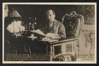 1939-1945 Italy Fascist 'Not Even Death Can Destroy Fascism, 10 I Remain at My Fighting and Working Place and Nothing in Maccadra' World War II Propaganda Postcard