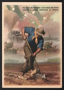 1939-1945 Italy Fascist 'On the Battlefields and on the Fields of Work, the Army and the People Ensure Victory' World War II Propaganda Postcard