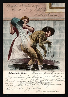 1905 (4 Jul) 'Rebecca in the bath', Anti-Jewish Bolshevism Propaganda, German Empire, Germany, Postcard from Duszniki-Zdroj (Bad Reinerz) to Hanko (Finland) franked with 10pf