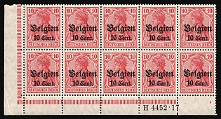 1916-18 10c Belgium, German Occupation, Germany, Block (Corner Margin, Plate Numbers)