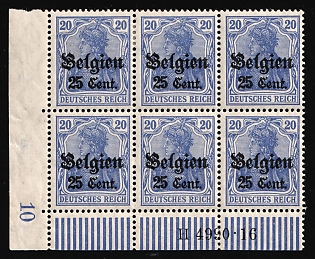 1916-18 25c Belgium, German Occupation, Germany, Block (Corner Margin, Plate Numbers)