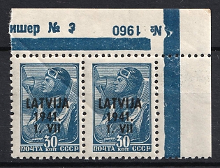 1941 30k Latvia, German Occupation, Germany, Pair (Corner Margin, Sheet Inscription, Blue Control Strips)