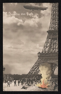 1914-1918 Germany, Anti-France Propaganda, 'Zeppelin over Paris', WWI Caricature Postcard