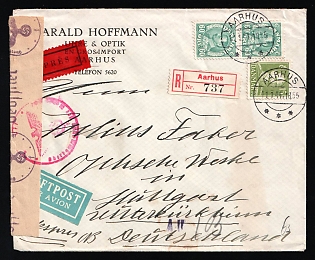 1944 (11 Jan) Denmark, German Occupation, Germany, Censored Registered Airmail Cover from Aarhus to Stuttgart franked with 15øre and pair of 60øre
