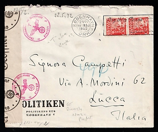 1942 (11 May) Denmark, German Occupation, Germany, Censored Cover from Danish newspaper 'Politiken' in Copenhagen to Lucca (Italy) franked with pair of 20øre