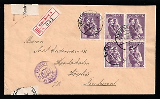 1942 (11 Apr) Denmark, German Occupation, Germany, Сensored by the Danish Post and Telegraph Service, Registered Cover from Copenhagen to Koylio (Finland) multiple franked with 10øre