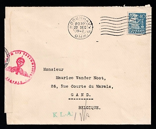 1942 (22 Dec) Denmark, German Occupation, Germany, Сensored Cover from Royal Porcelain Factory in Copenhagen to Ghent (Belgium) franked with 40øre and Charity Stamp