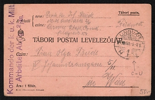 1915 (2 Mar) Austria-Hungary, Carpatho-Ukraine Territory, WWI Military Camp Post Fieldpost Postcard from Uzhhorod to Vienna, 'Kommando der k.u.k. Milt Arbeiter Abilg 2/81.' violet marking